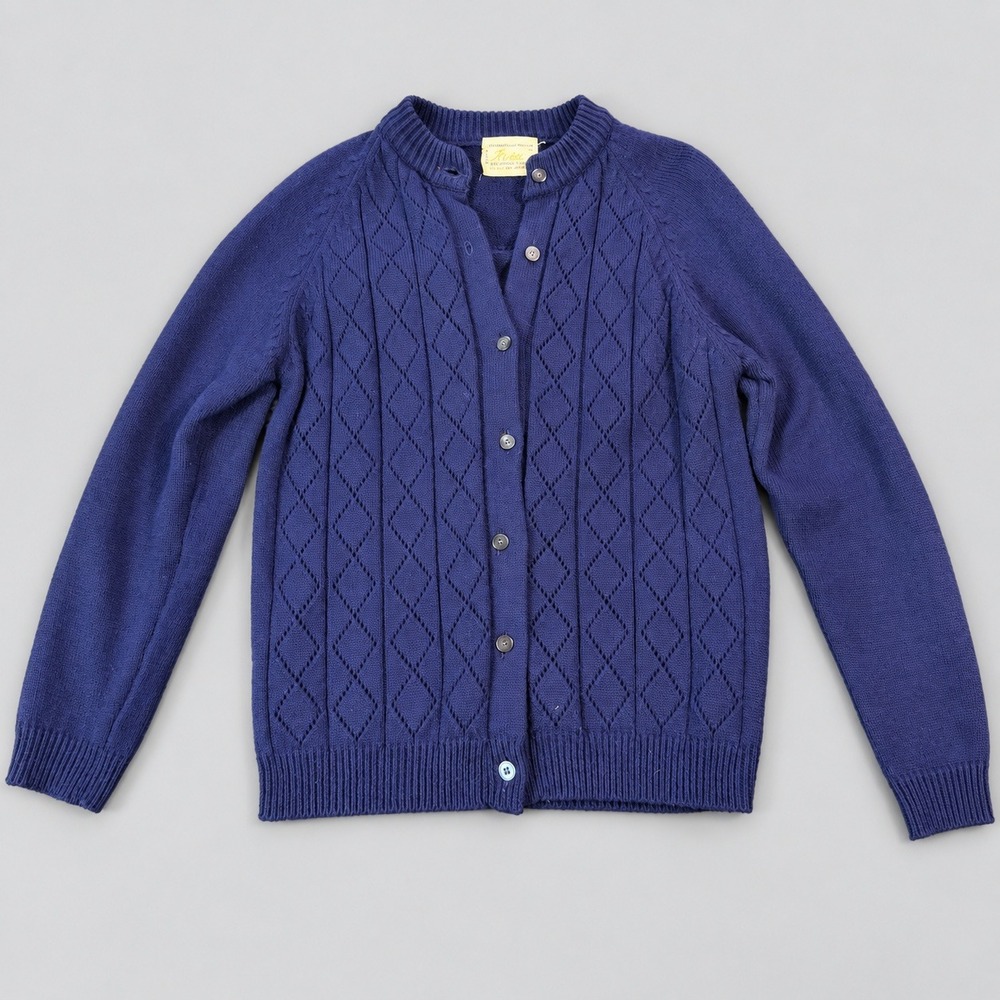 Vintage 60s 70s Blue Diamond KnitCardigan Sweater Pointelle Risa Size 36